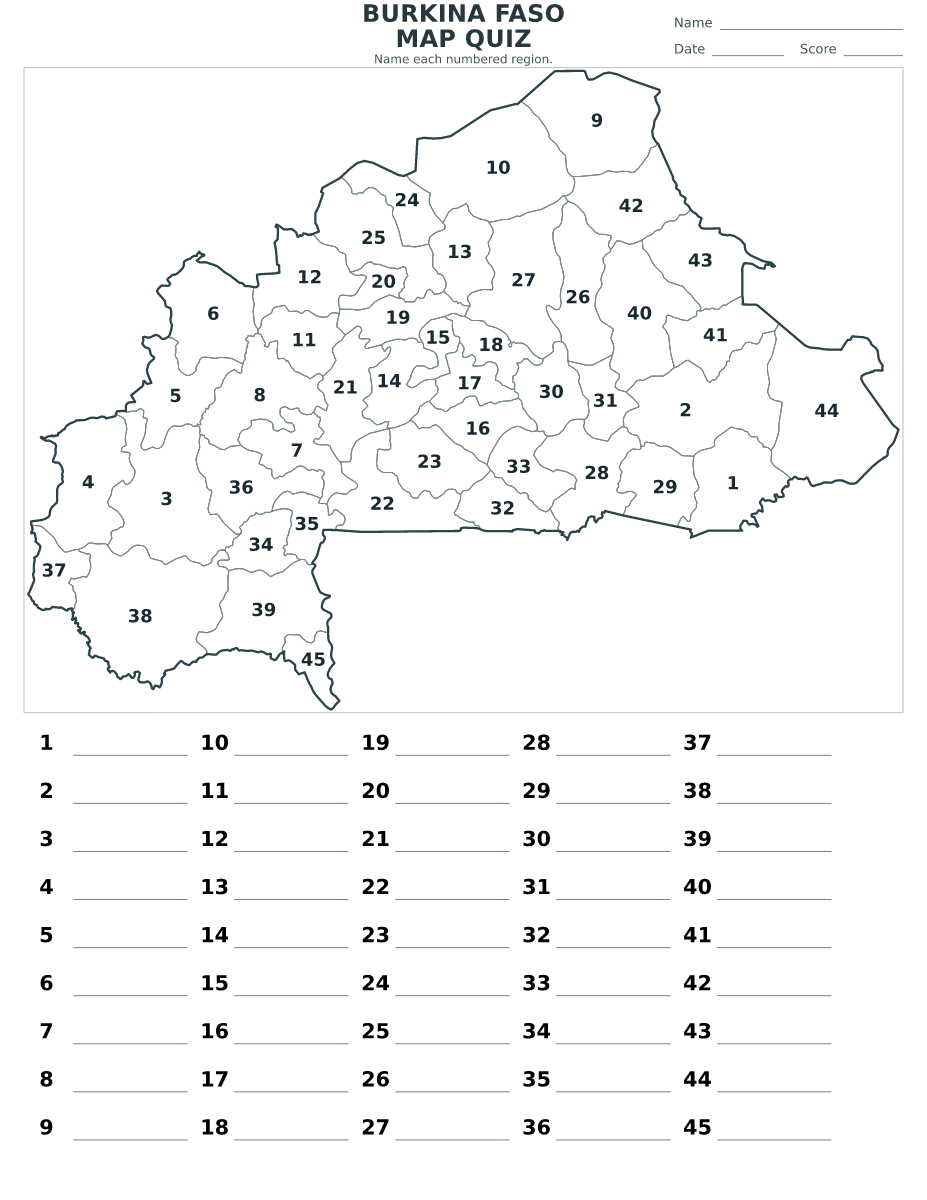 Quiz des provinces : Burkina Faso avec 45 provinces avec numéros.