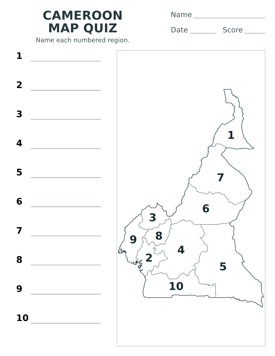 Cuestionario de provincias: Cameroon con 10 provincias con números.