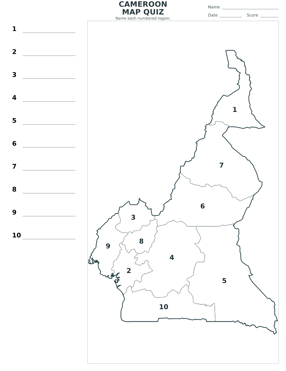 Quiz des provinces : Cameroon avec 10 provinces avec numéros.