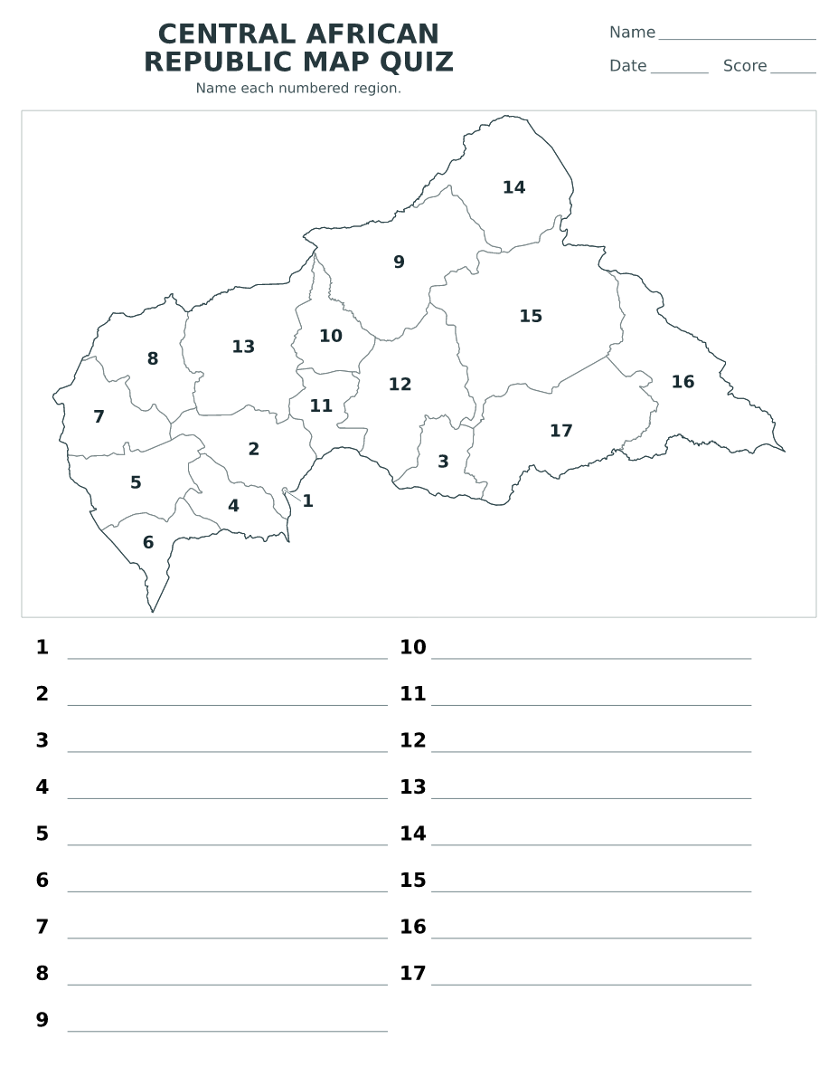 Cuestionario imprimible del mapa de Central African Republic con 17 regiones numeradas.