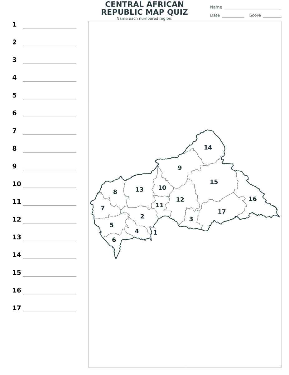 Cuestionario imprimible del mapa de Central African Republic con 17 regiones numeradas.
