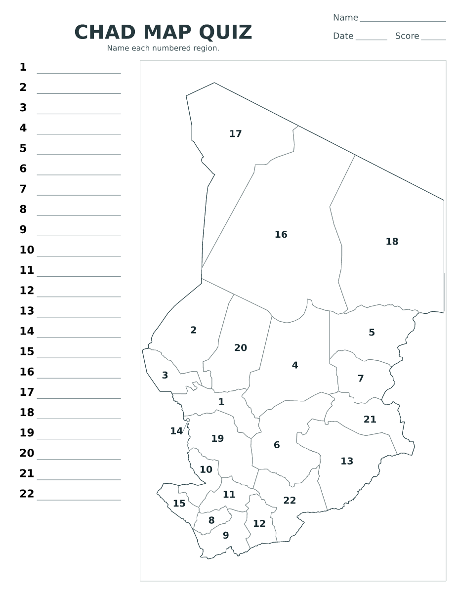 Cuestionario imprimible del mapa de Chad con 22 regiones numeradas.