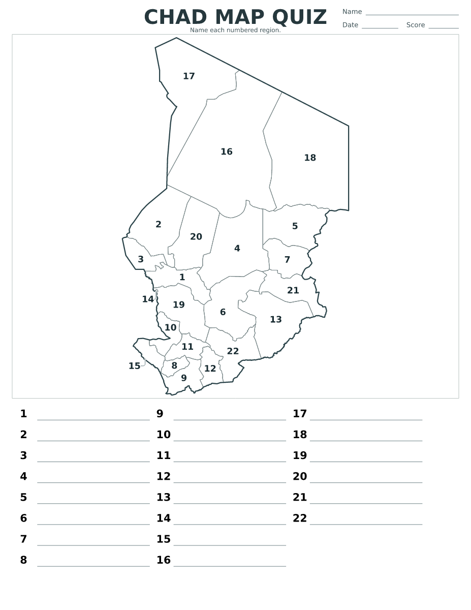 Quiz cartographique imprimable pour Chad avec 22 régions numérotées.