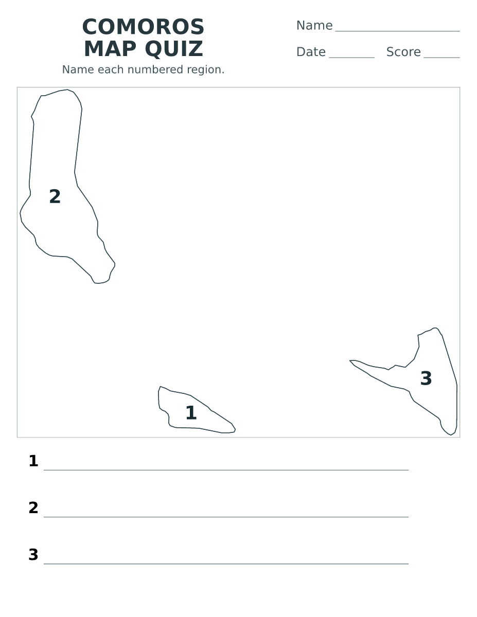 Cuestionario imprimible del mapa de Comoros con 3 regiones numeradas.