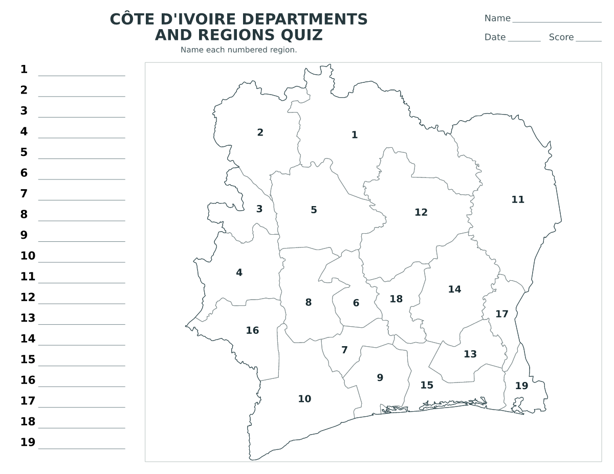 Cuestionario de departamentos y regiones: Côte d'Ivoire con 19 departamentos y regiones con números.