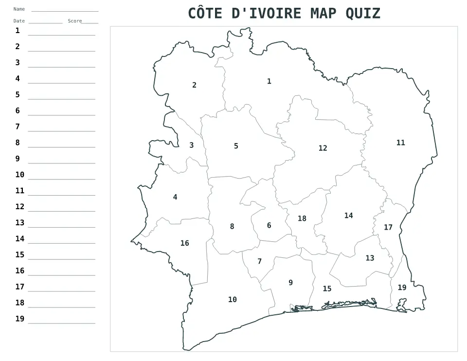 Vista previa del mapa Cuestionario numerado de Côte d'Ivoire