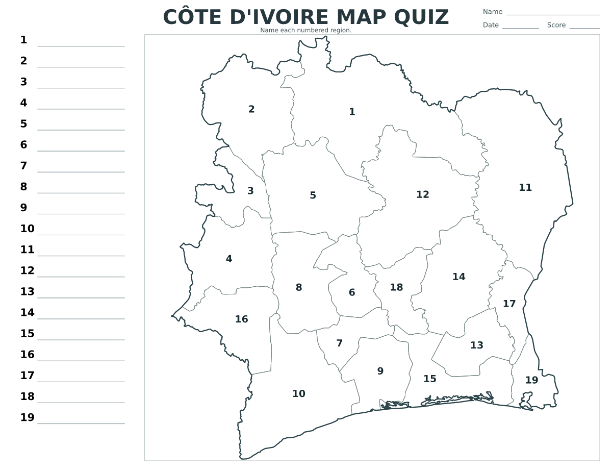 Cuestionario de departamentos y regiones: Côte d'Ivoire con 19 departamentos y regiones con números.