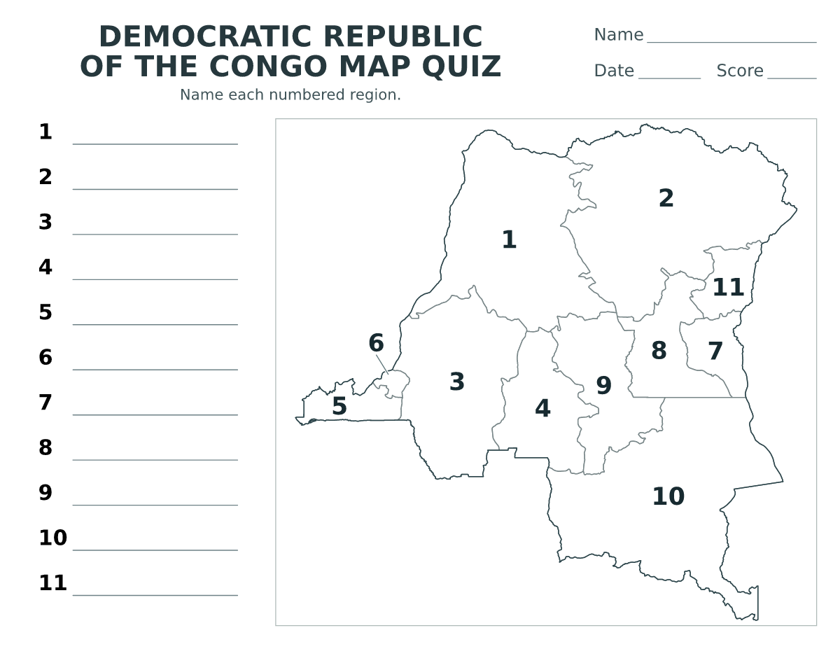 Cuestionario imprimible del mapa de Democratic Republic of the Congo con 11 regiones numeradas.