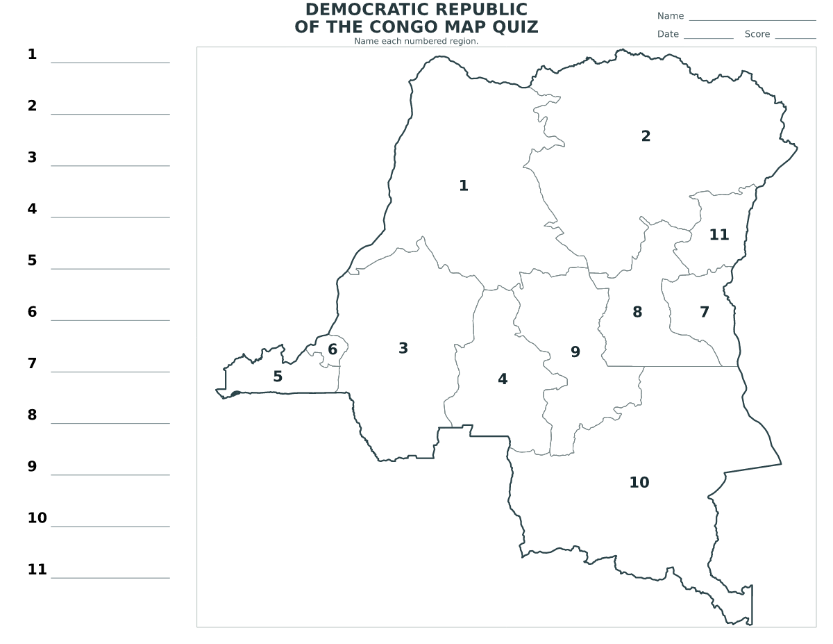 Cuestionario imprimible del mapa de Democratic Republic of the Congo con 11 regiones numeradas.
