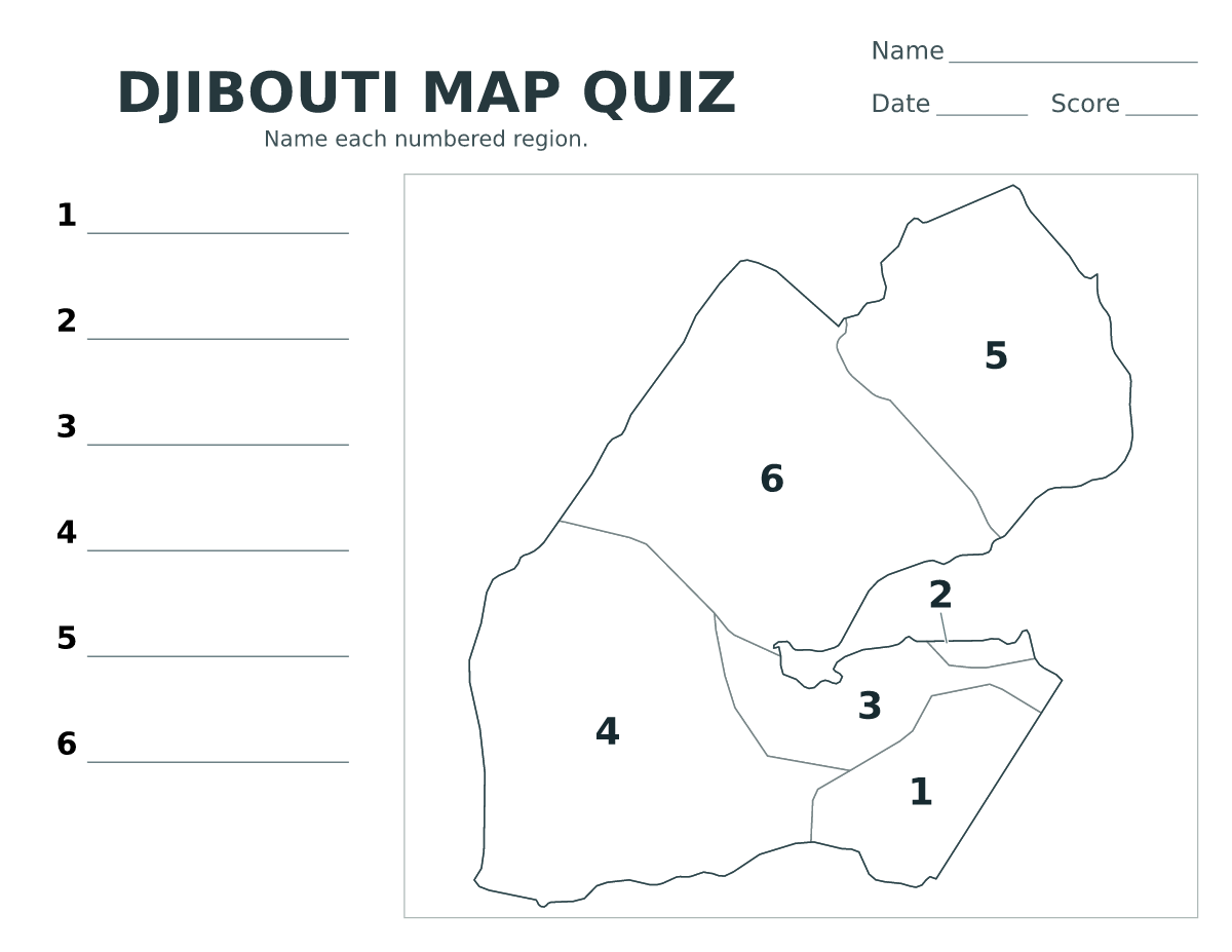 Cuestionario de ciudades y regiones: Djibouti con 6 ciudades y regiones con números.