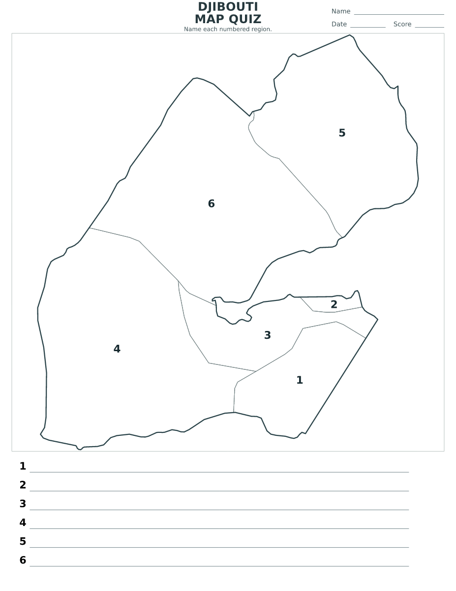 Cuestionario de ciudades y regiones: Djibouti con 6 ciudades y regiones con números.