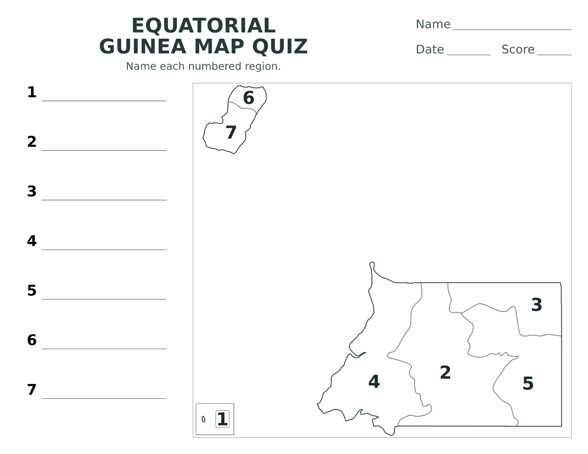 Cuestionario de provincias: Equatorial Guinea con 7 provincias con números.