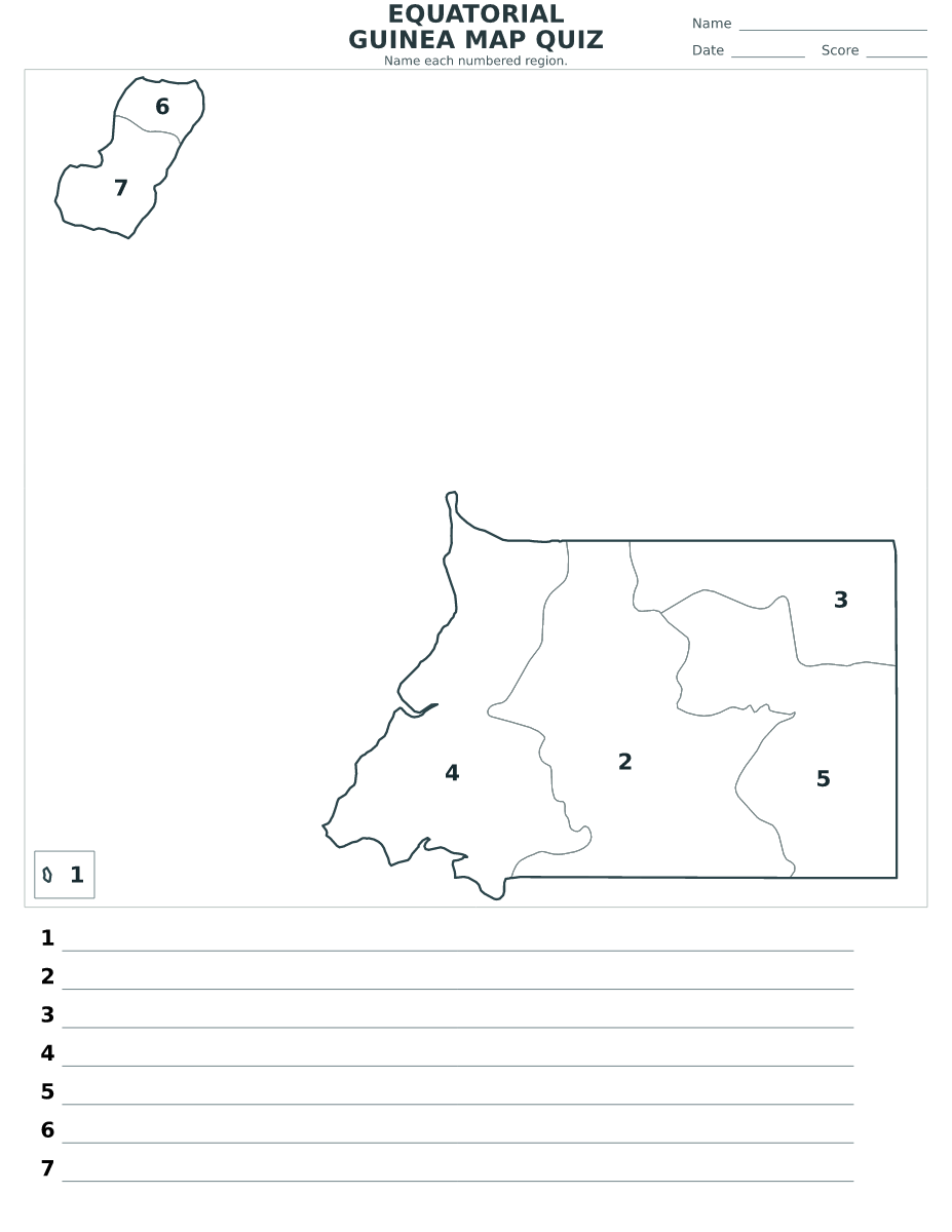 Cuestionario de provincias: Equatorial Guinea con 7 provincias con números.