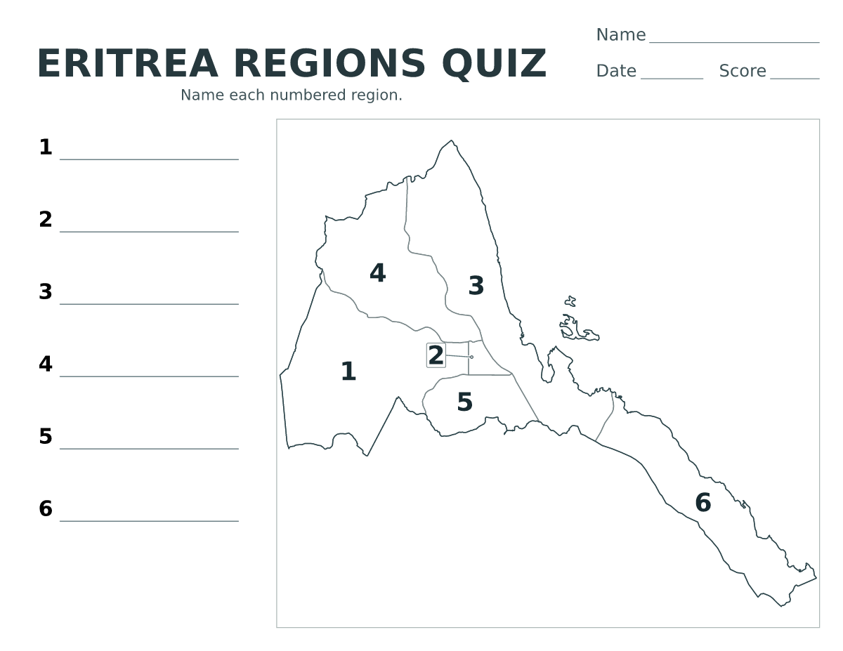 Cuestionario de regiones: Eritrea con 6 regiones con números.