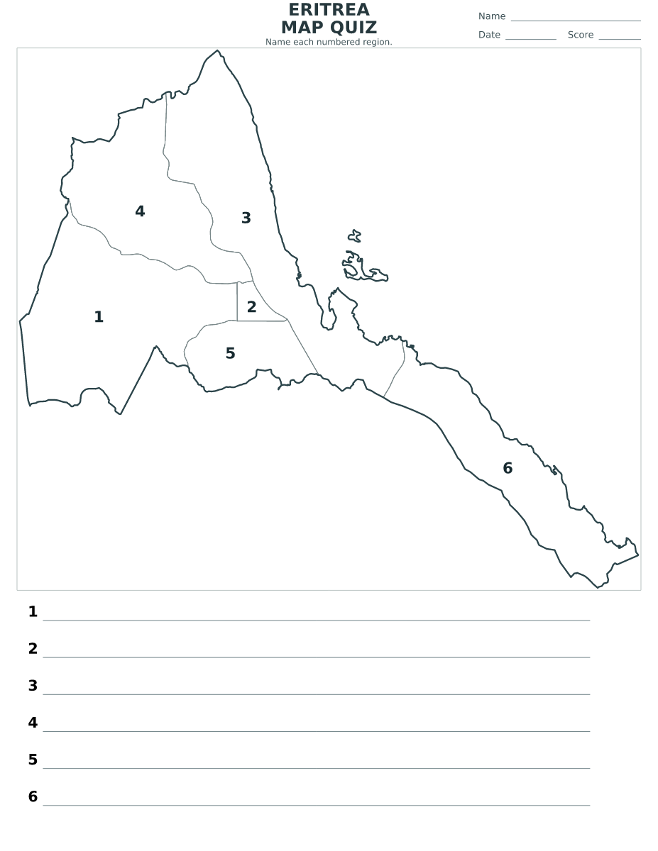 Quiz des régions : Eritrea avec 6 régions avec numéros.