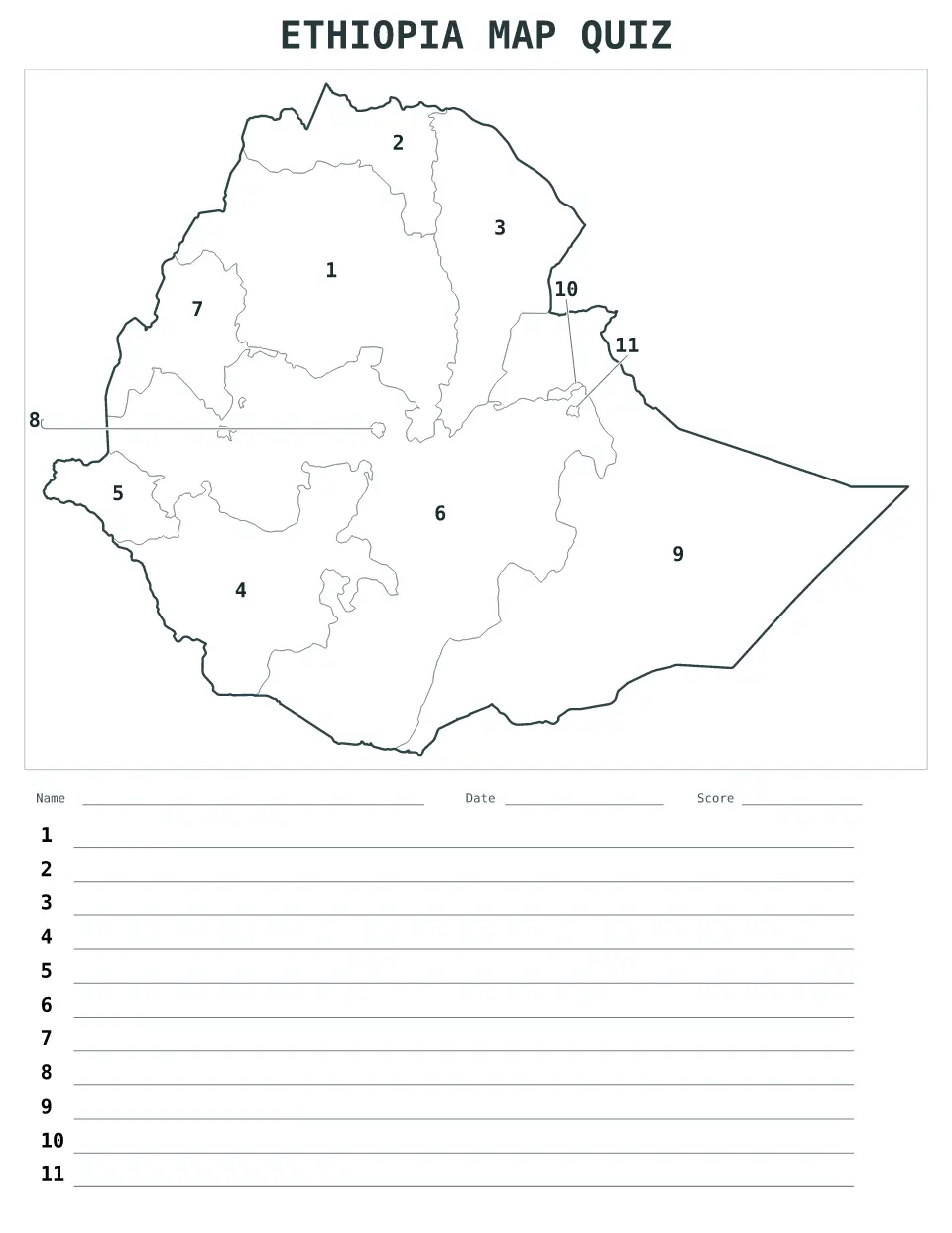 Aperçu de la carte Quiz numéroté de Ethiopia
