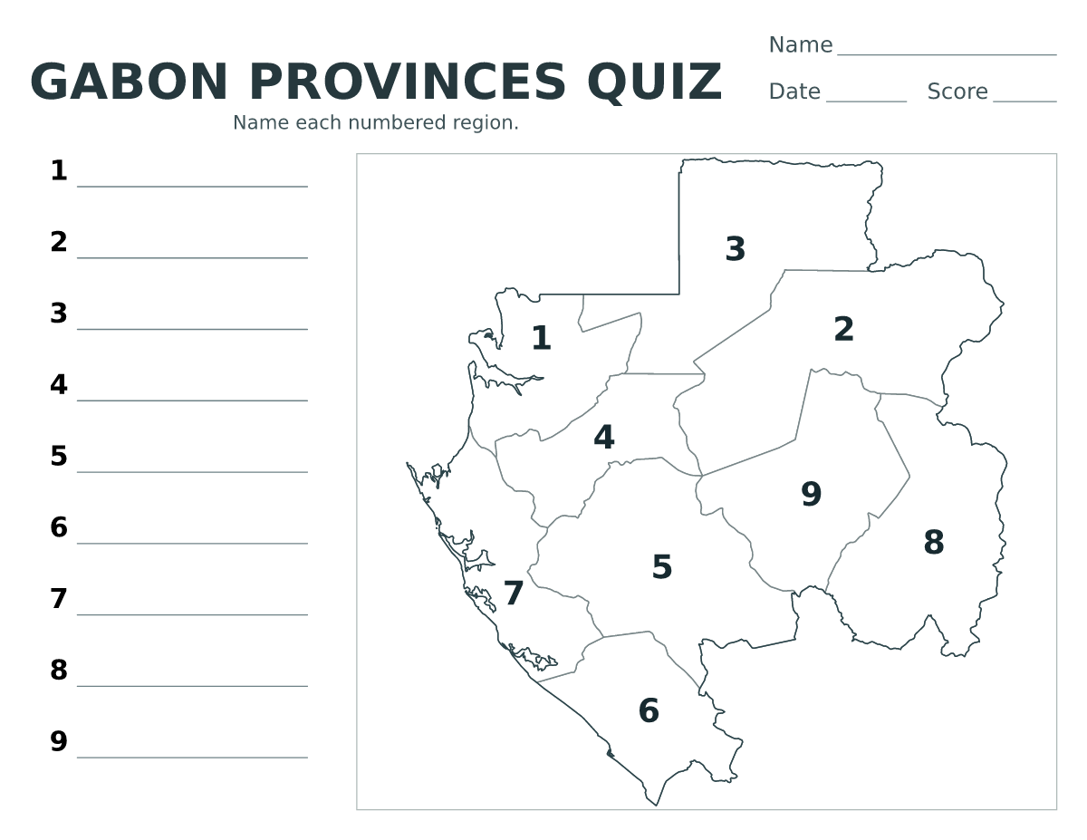 Cuestionario de provincias: Gabon con 9 provincias con números.