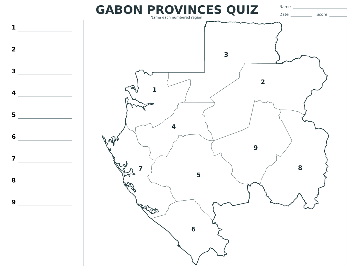 Cuestionario de provincias: Gabon con 9 provincias con números.