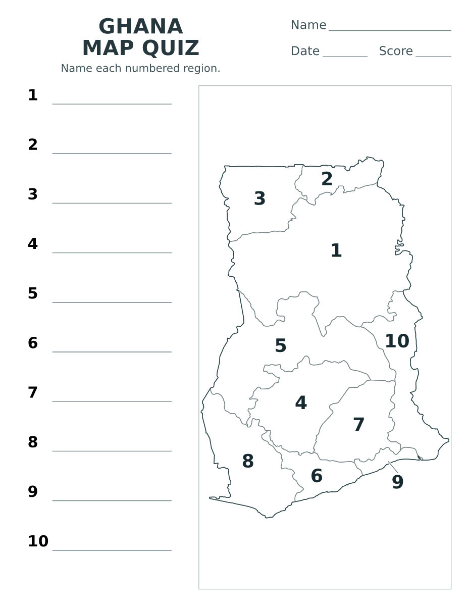 Cuestionario de regiones: Ghana con 10 regiones con números.