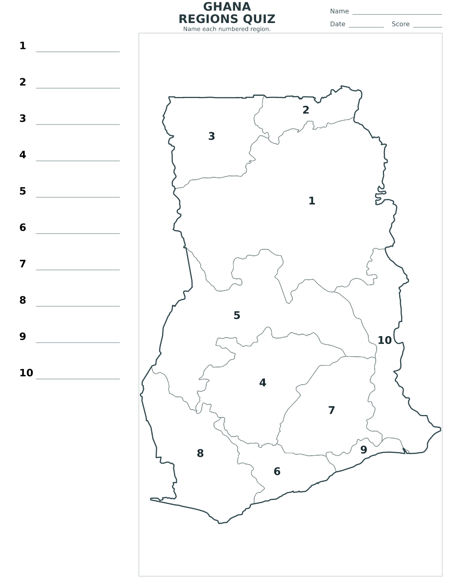 Quiz des régions : Ghana avec 10 régions avec numéros.
