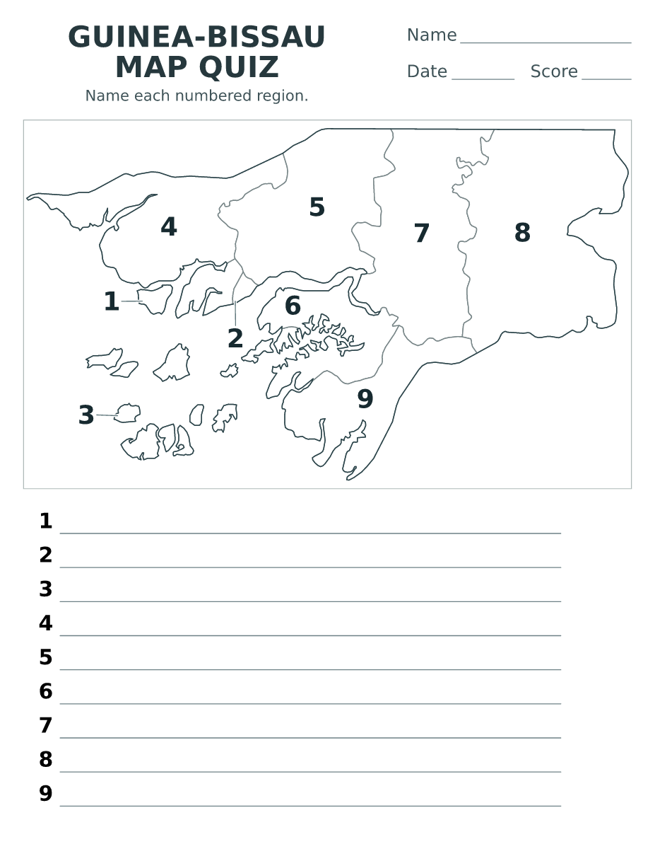 Cuestionario imprimible del mapa de Guinea-Bissau con 9 regiones numeradas.