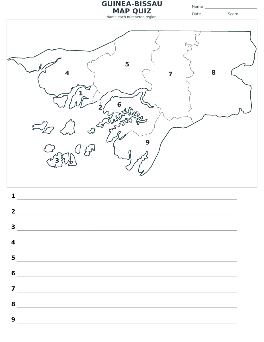 Cuestionario imprimible del mapa de Guinea-Bissau con 9 regiones numeradas.