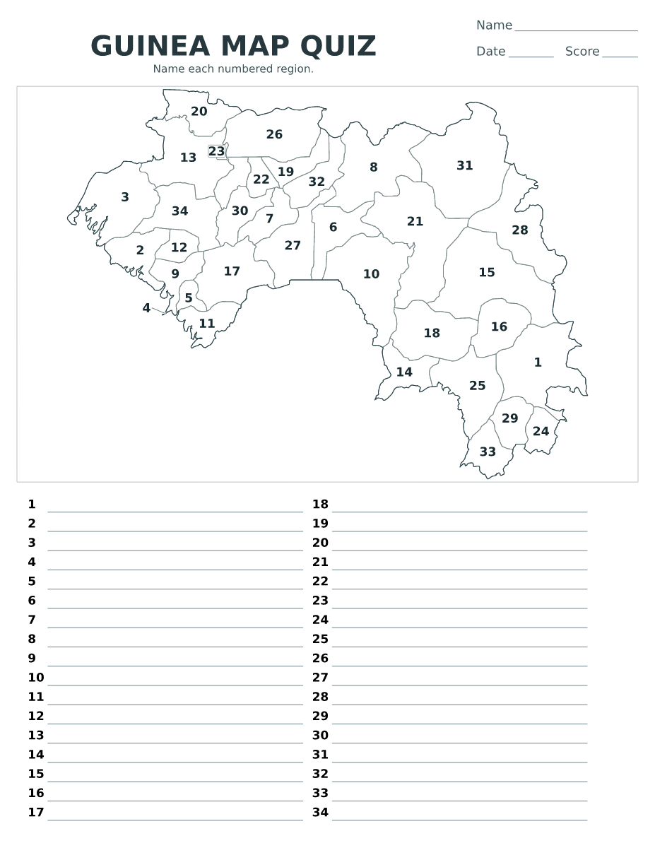 Cuestionario imprimible del mapa de Guinea con 34 regiones numeradas.