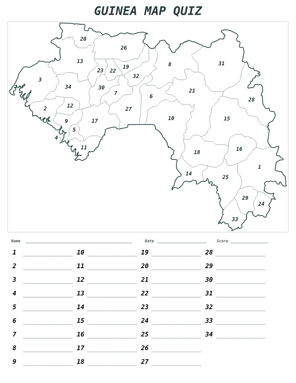 Guinea Numbered quiz map preview