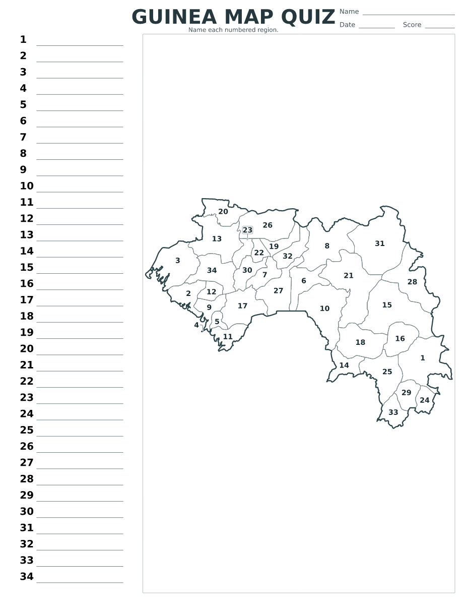 Cuestionario imprimible del mapa de Guinea con 34 regiones numeradas.