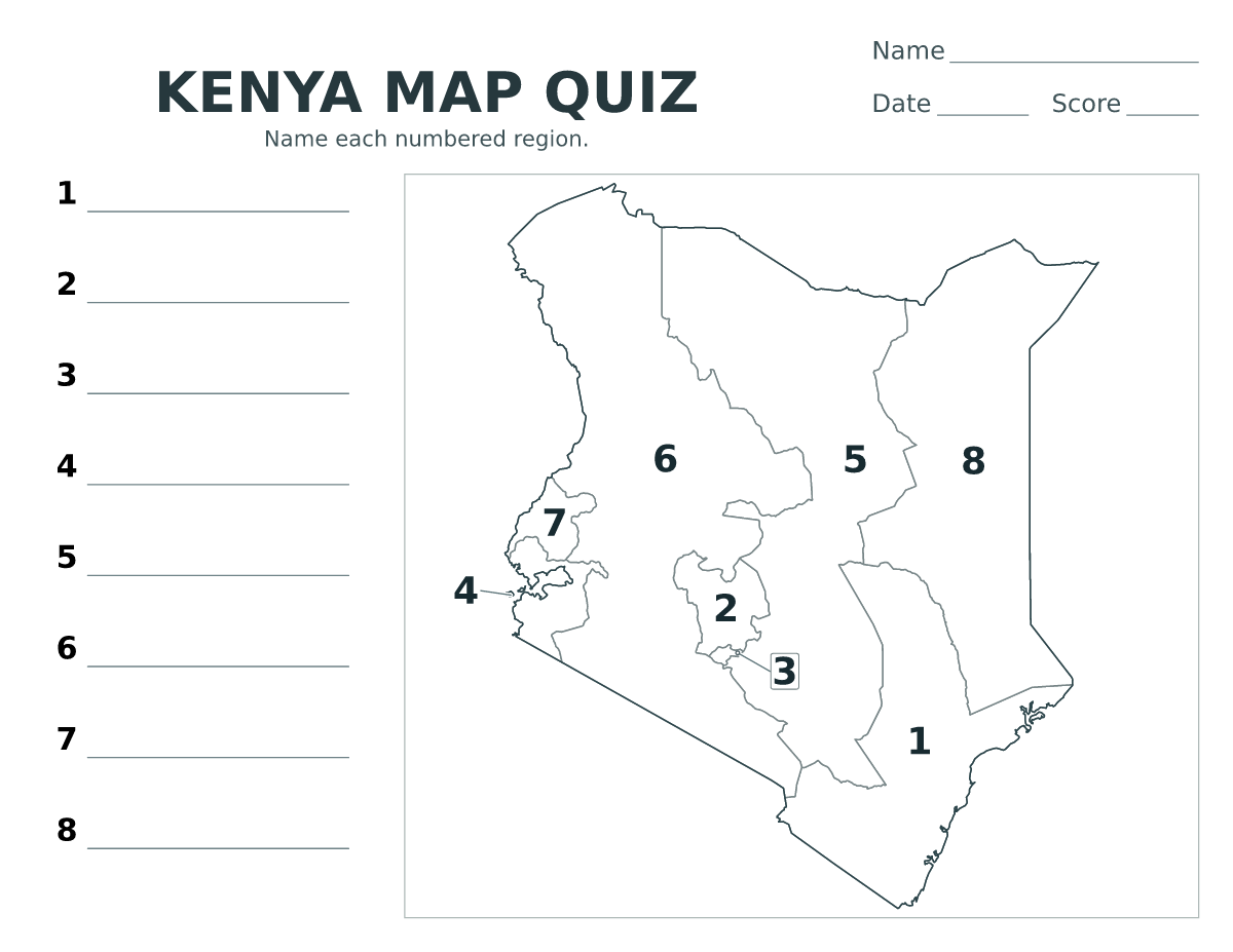 Cuestionario imprimible del mapa de Kenya con 8 regiones numeradas.