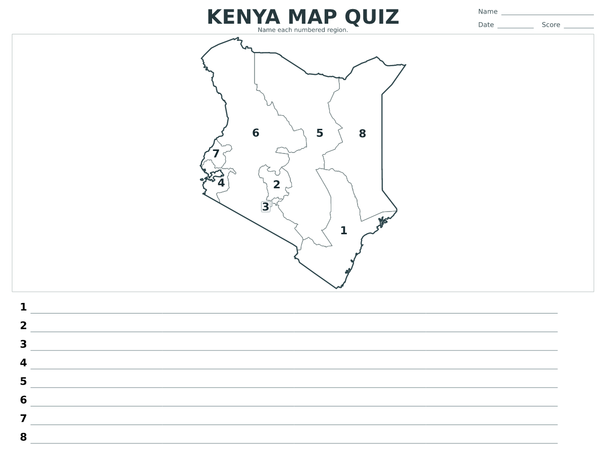Cuestionario imprimible del mapa de Kenya con 8 regiones numeradas.