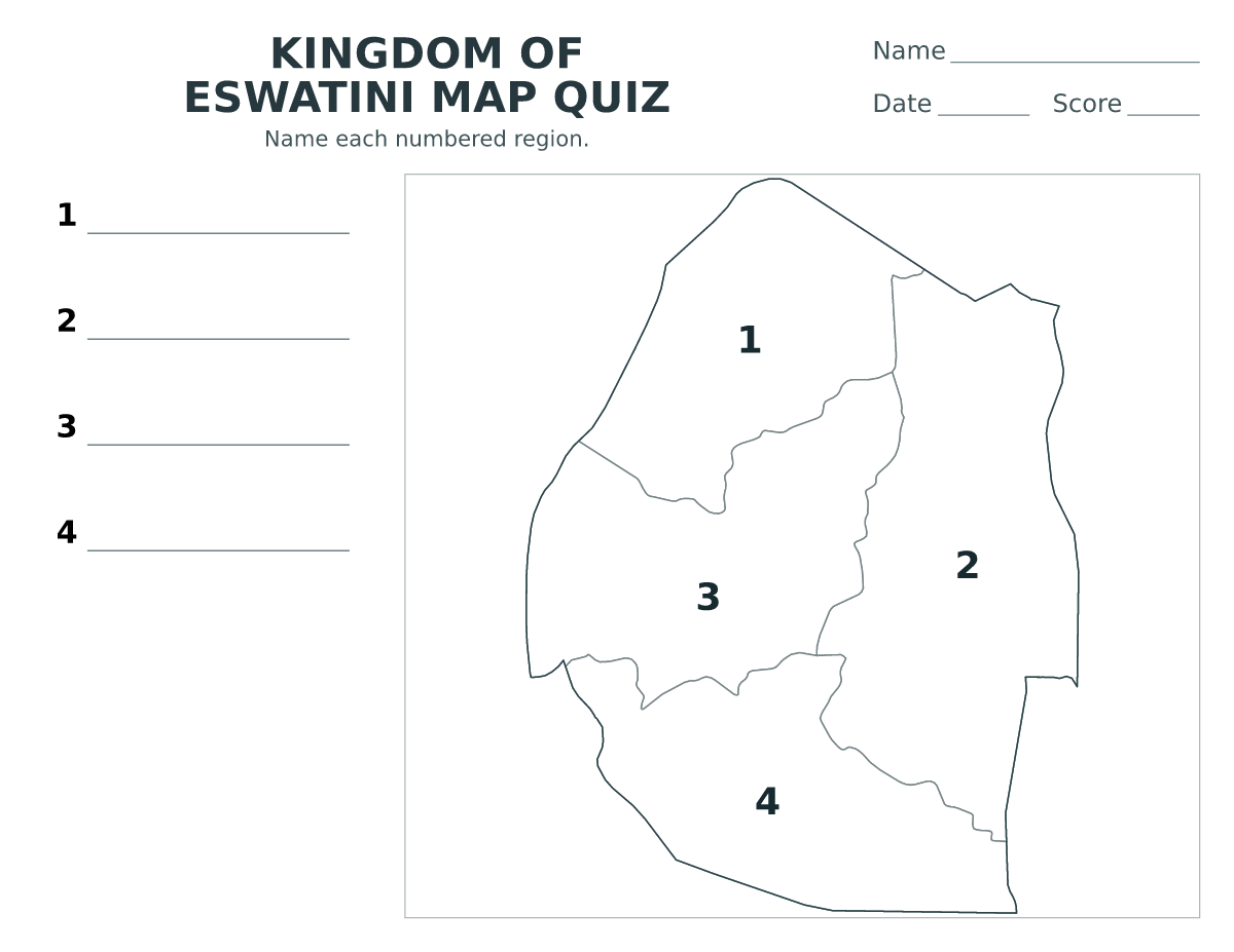 Cuestionario de distritos: Kingdom of eSwatini con 4 distritos con números.