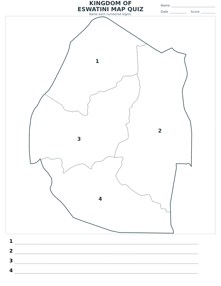 Cuestionario de distritos: Kingdom of eSwatini con 4 distritos con números.