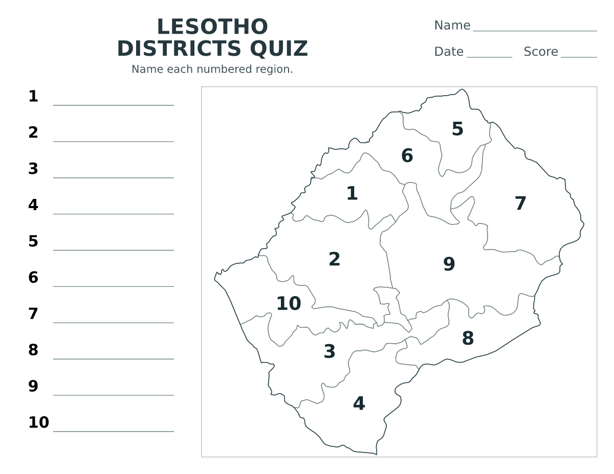 Cuestionario de distritos: Lesotho con 10 distritos con números.
