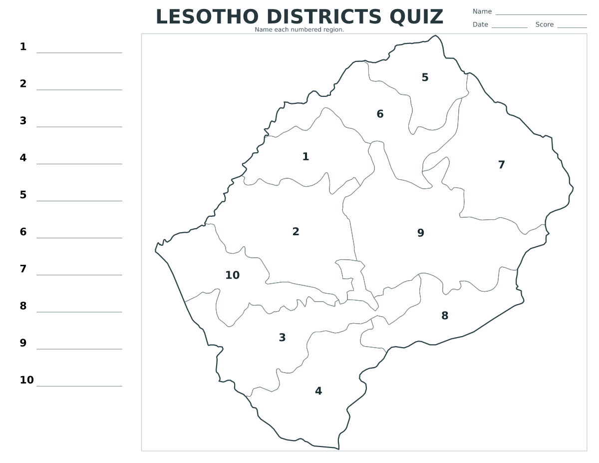 Cuestionario de distritos: Lesotho con 10 distritos con números.