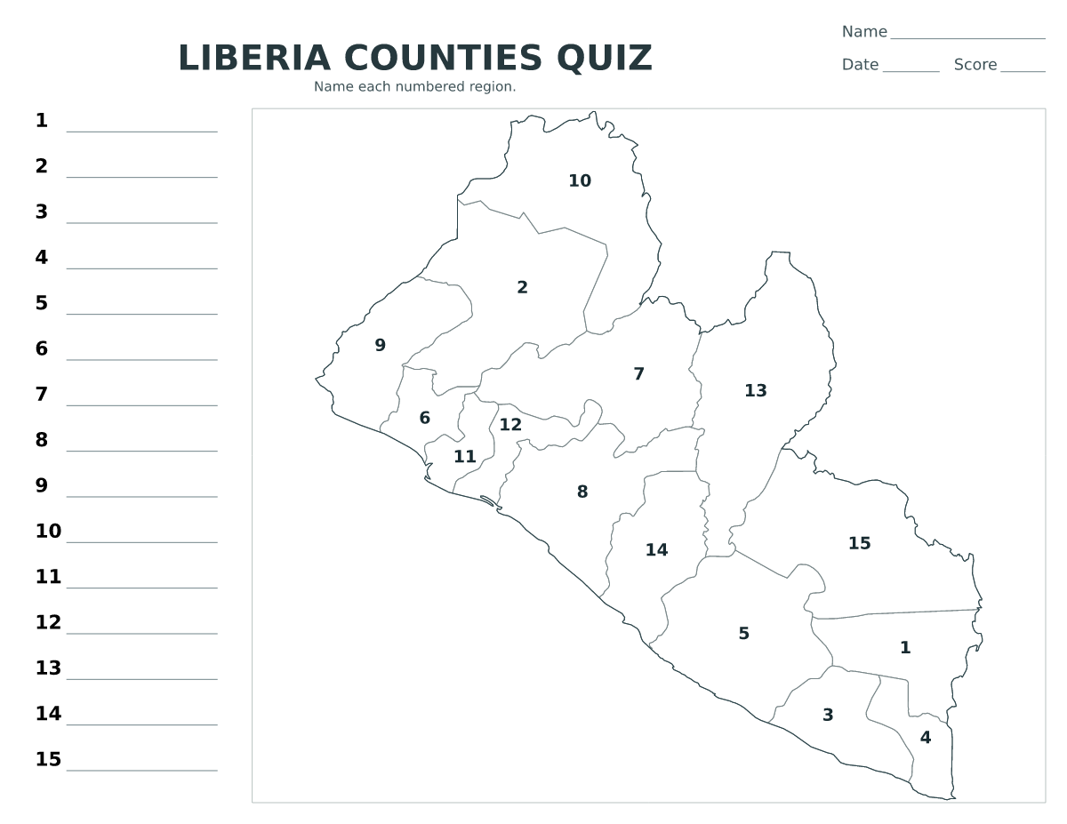 Cuestionario de condados: Liberia con 15 condados con números.