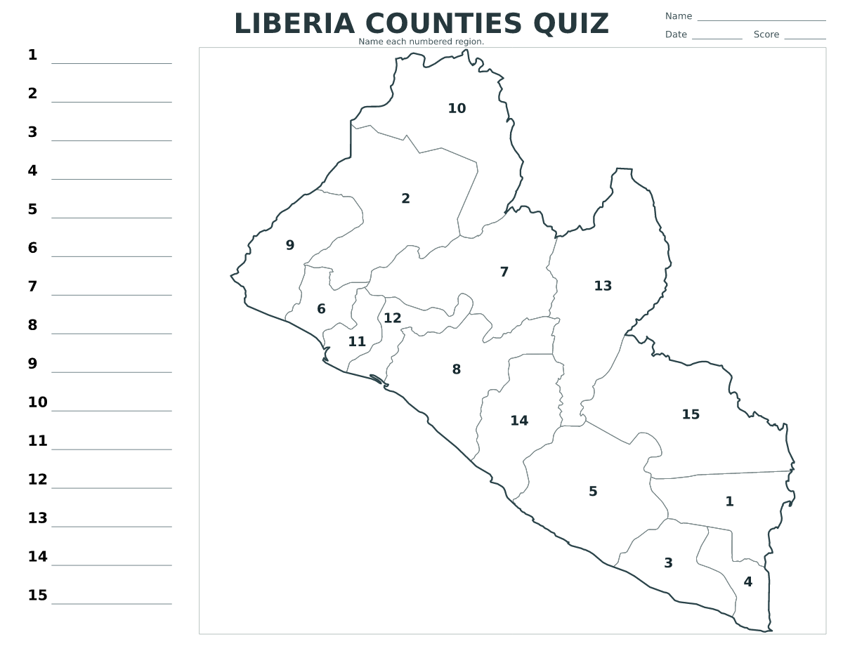 Cuestionario de condados: Liberia con 15 condados con números.