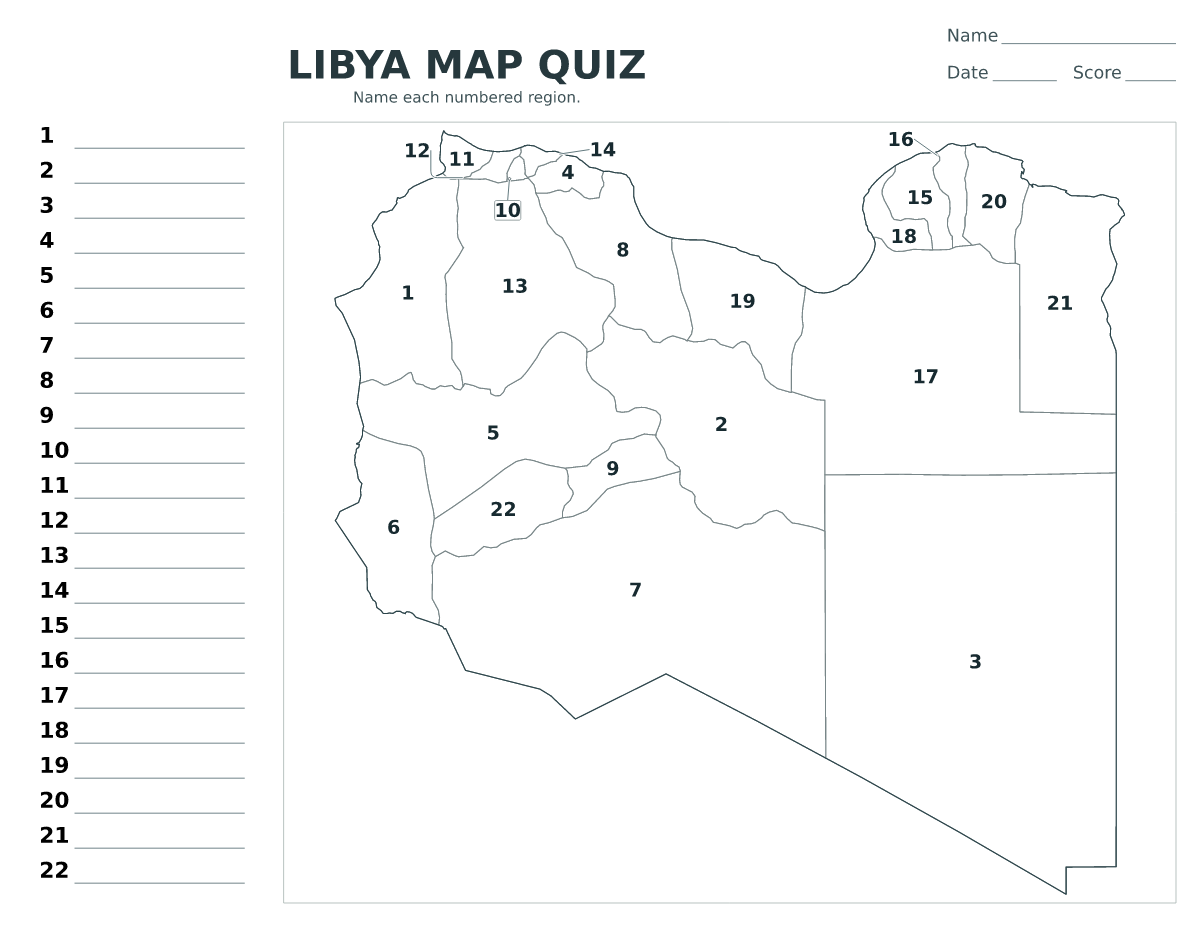 Cuestionario imprimible del mapa de Libya con 22 regiones numeradas.
