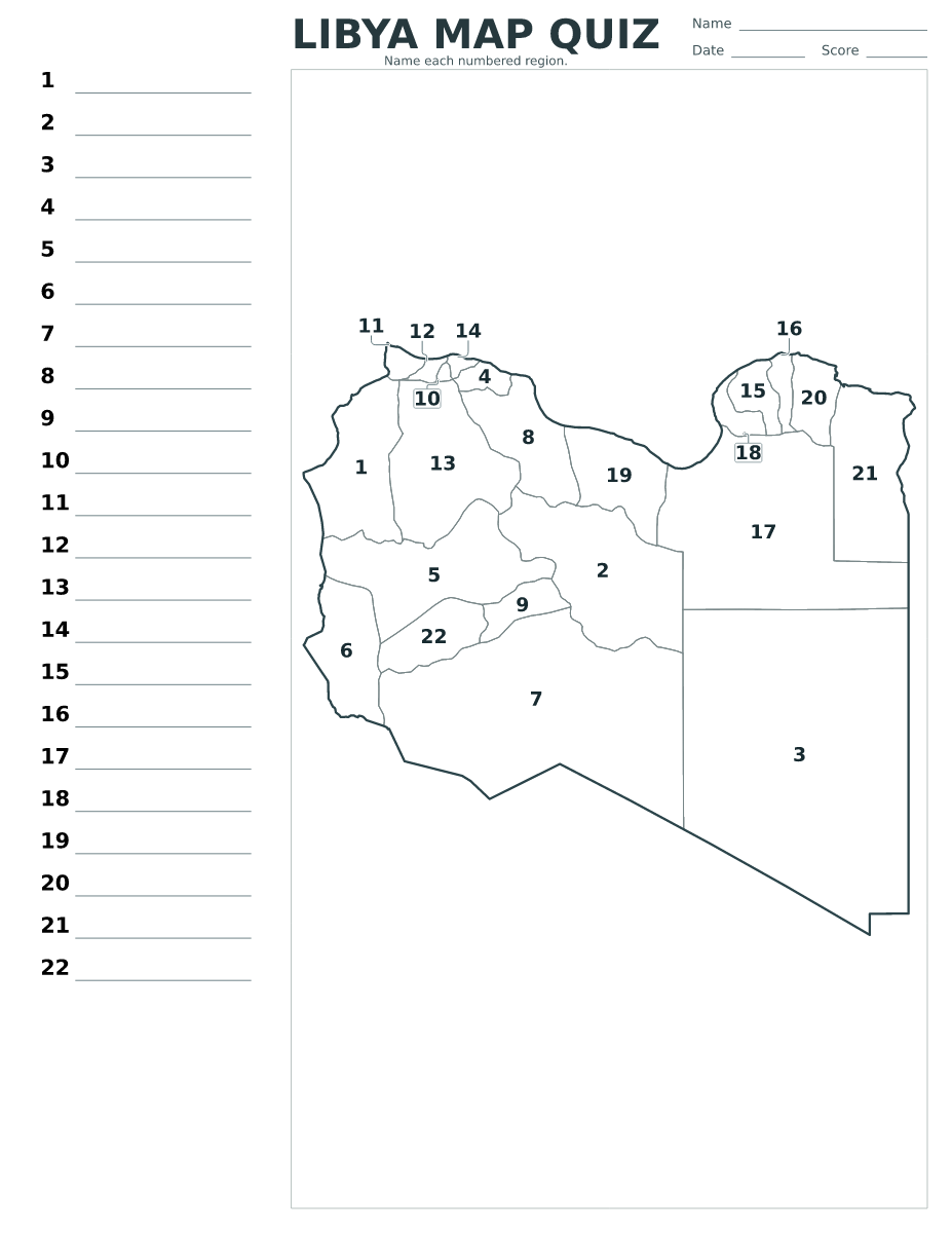Cuestionario imprimible del mapa de Libya con 22 regiones numeradas.