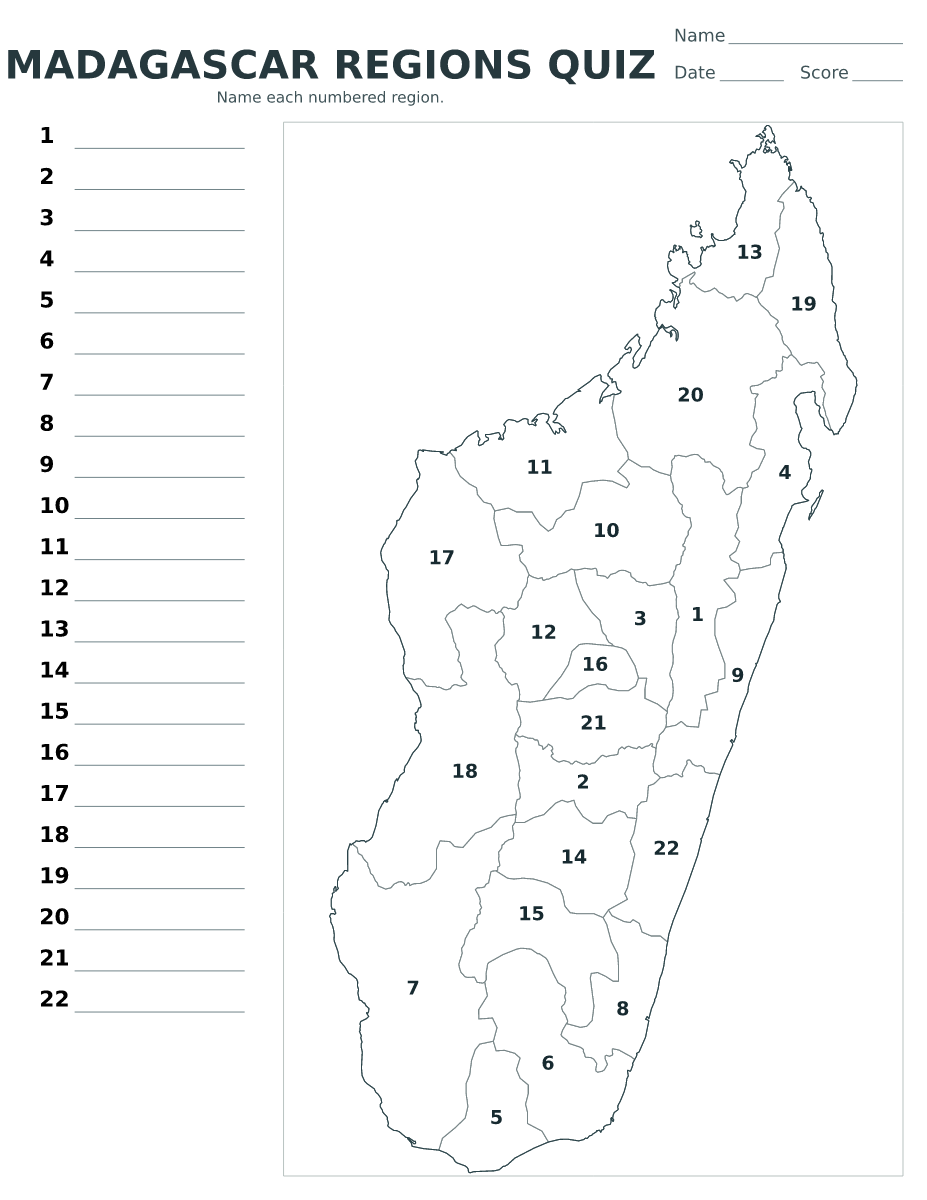 Cuestionario de regiones: Madagascar con 22 regiones con números.