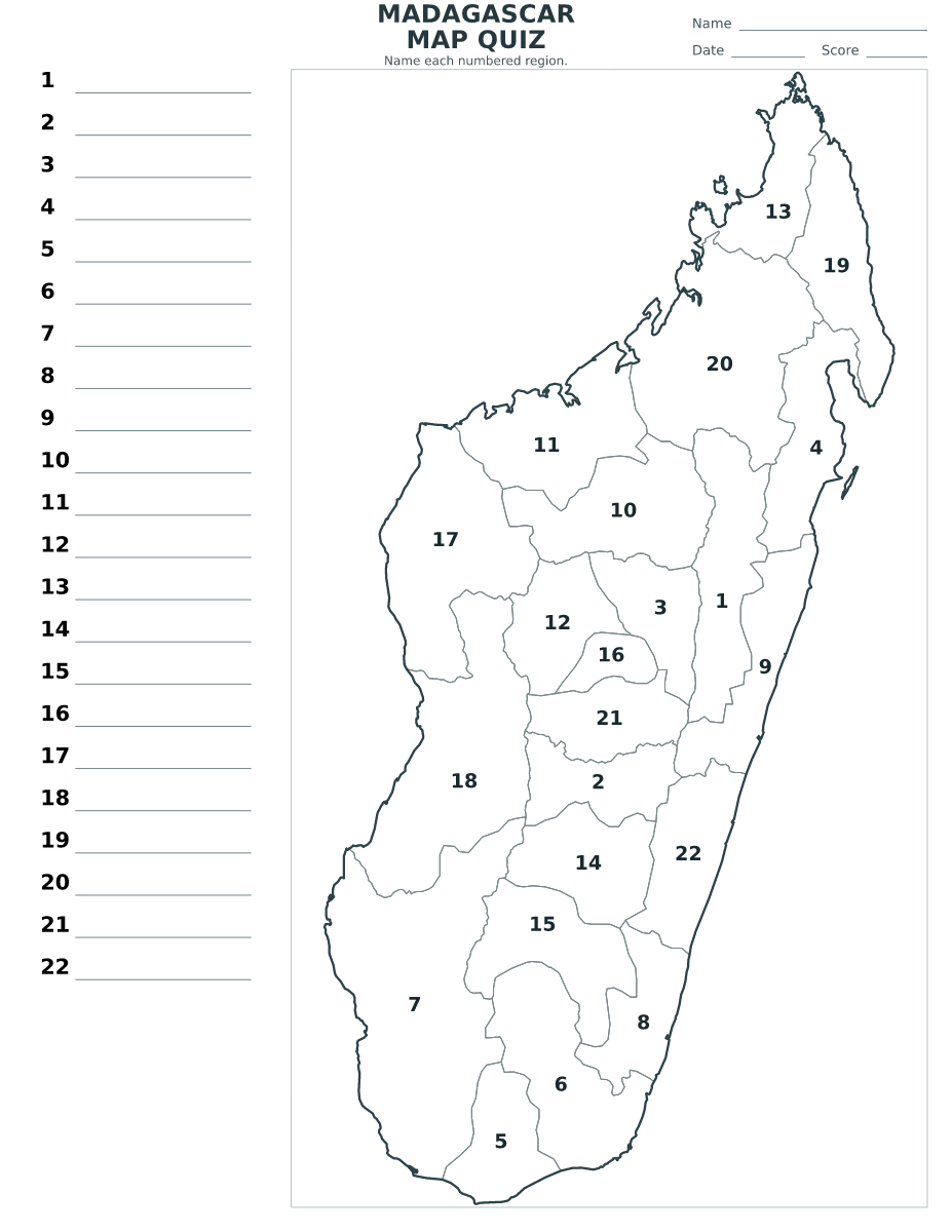 Quiz des régions : Madagascar avec 22 régions avec numéros.