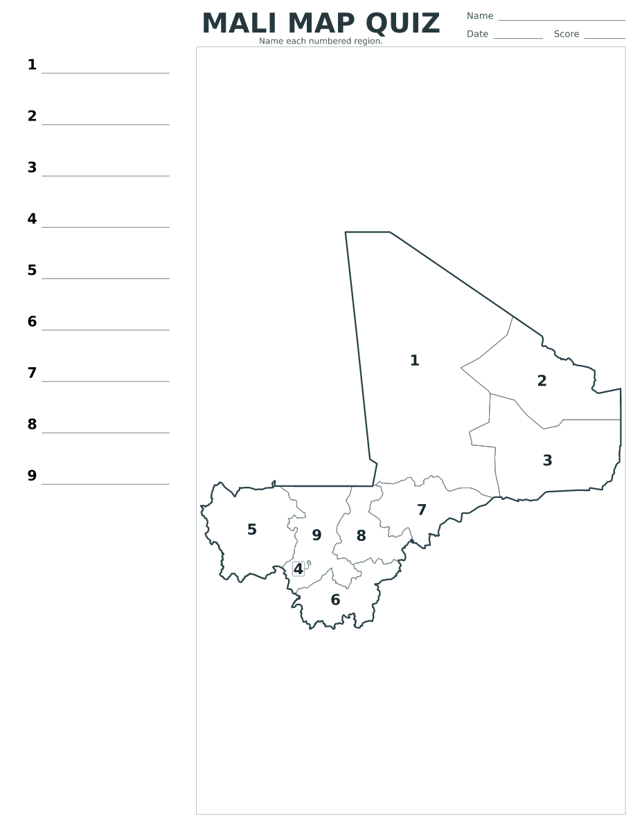 Cuestionario de distritos y regiones: Mali con 9 distritos y regiones con números.