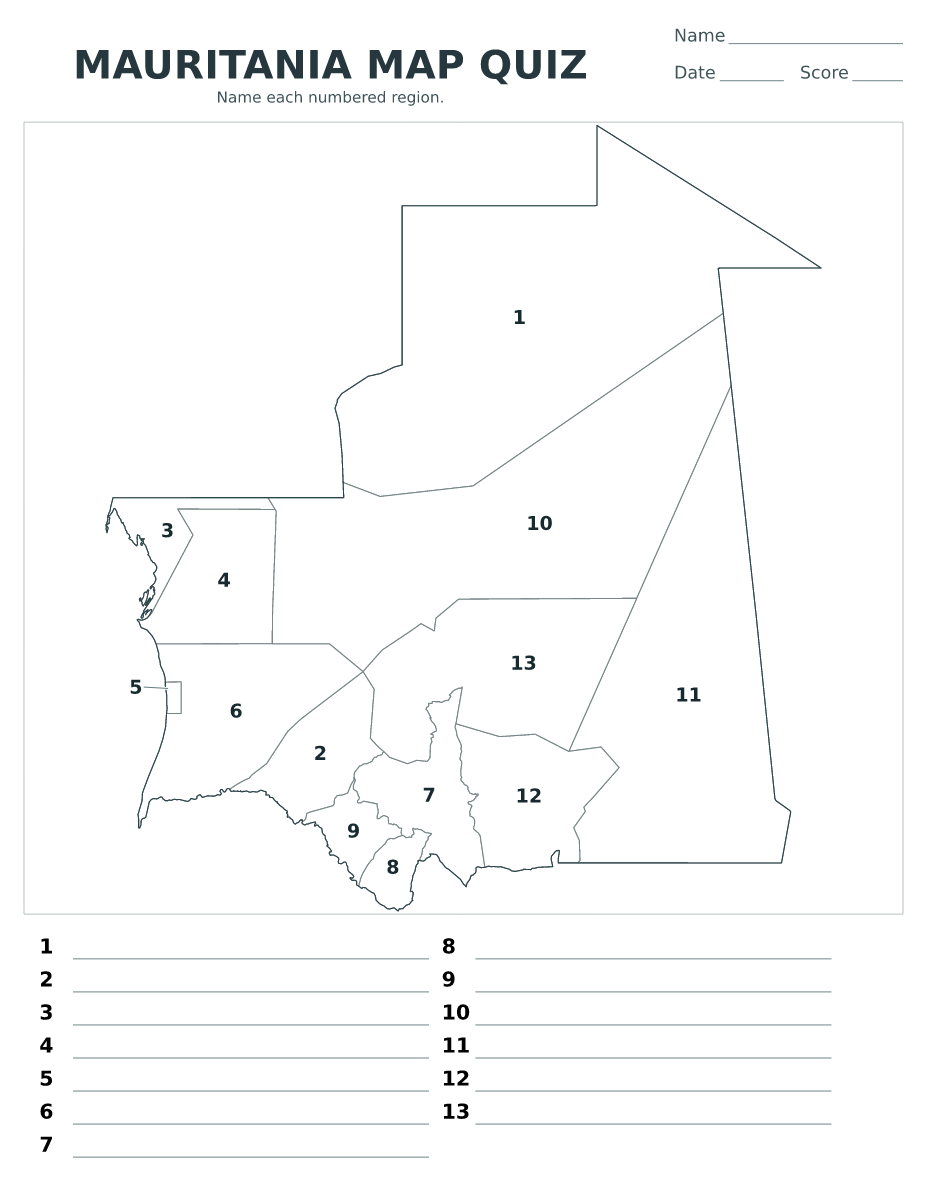 Cuestionario de distritos y regiones: Mauritania con 13 distritos y regiones con números.