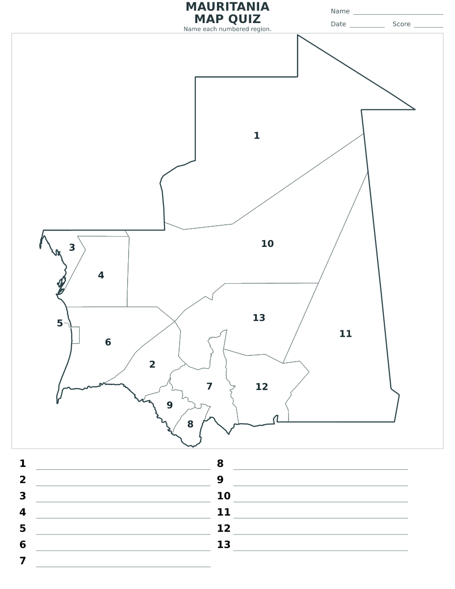 Cuestionario de distritos y regiones: Mauritania con 13 distritos y regiones con números.