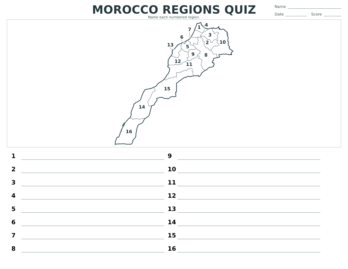 Quiz des régions : Morocco avec 16 régions avec numéros.