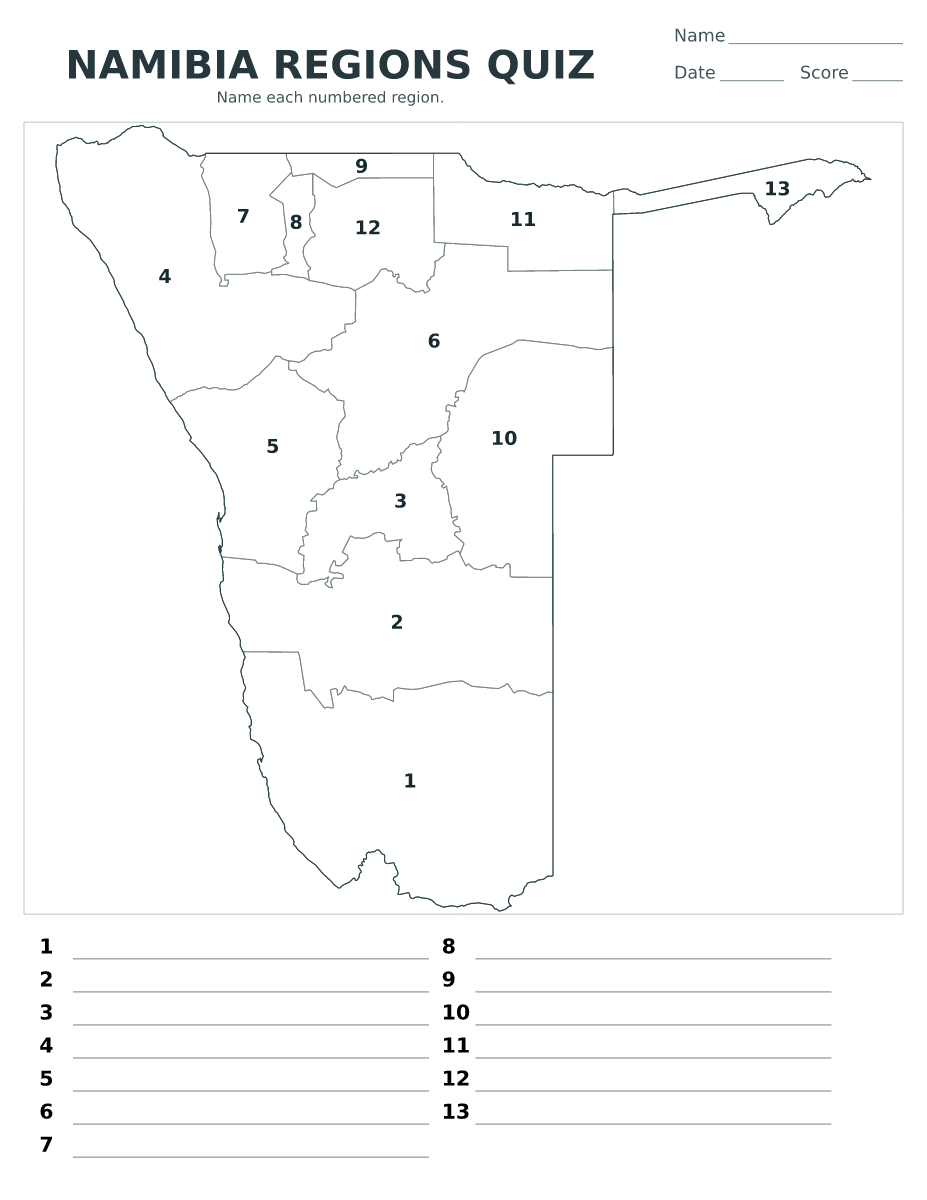 Cuestionario de regiones: Namibia con 13 regiones con números.