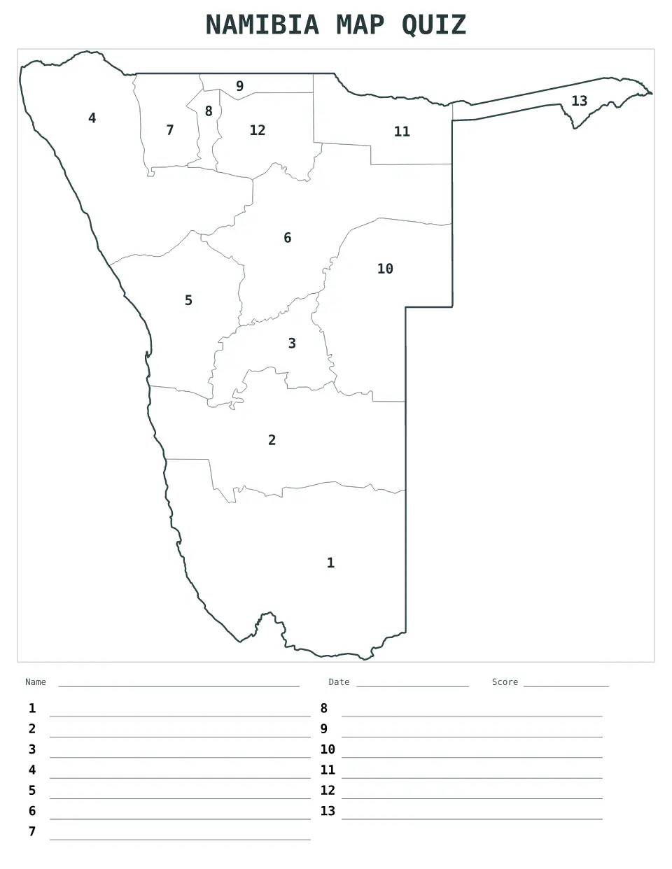 Namibia Numbered quiz map preview