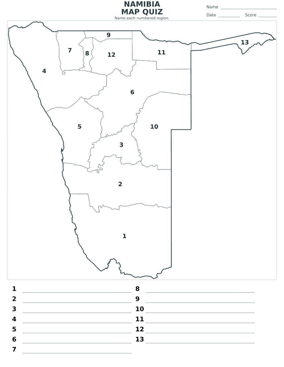 Cuestionario de regiones: Namibia con 13 regiones con números.