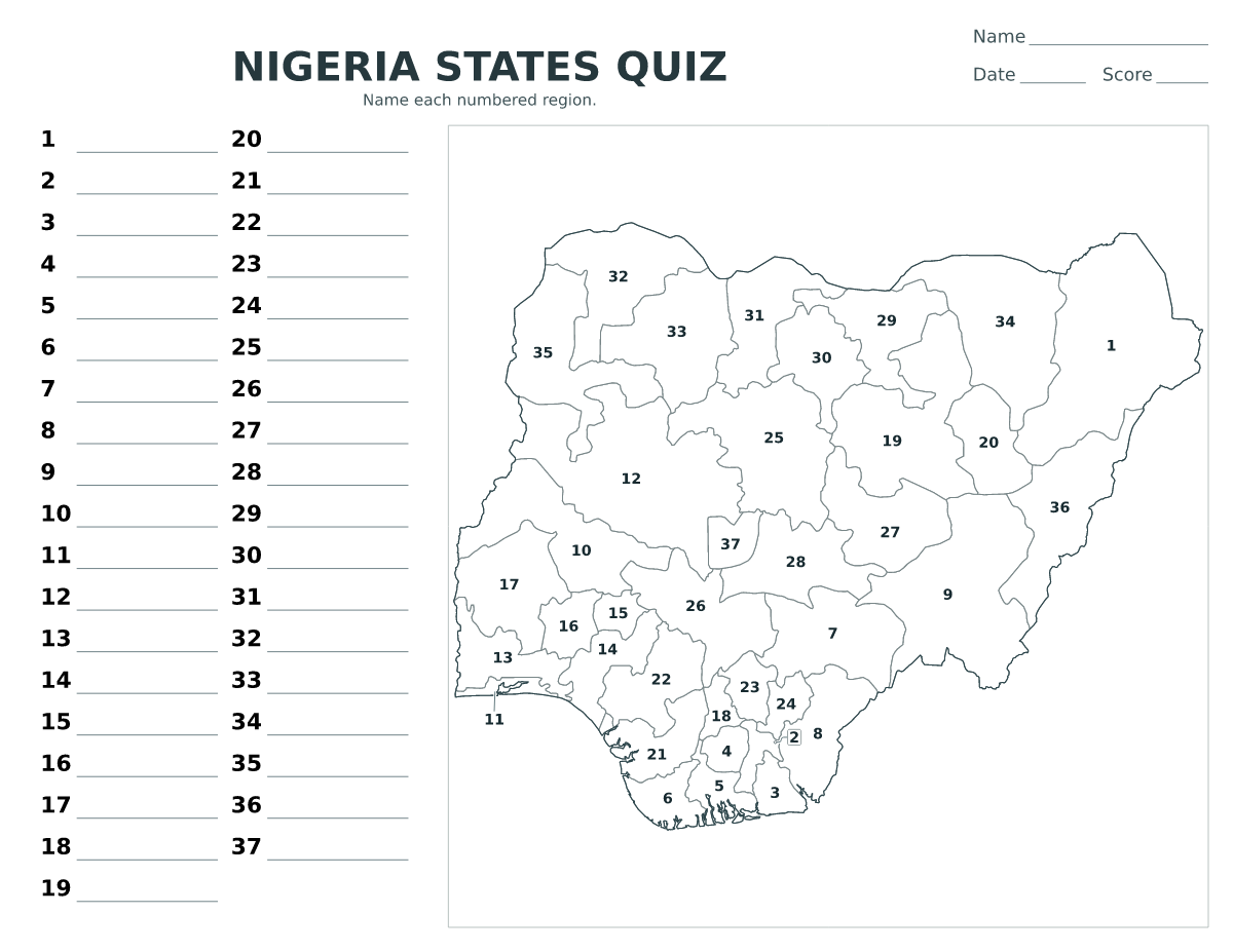 Cuestionario de estados: Nigeria con 37 estados con números.