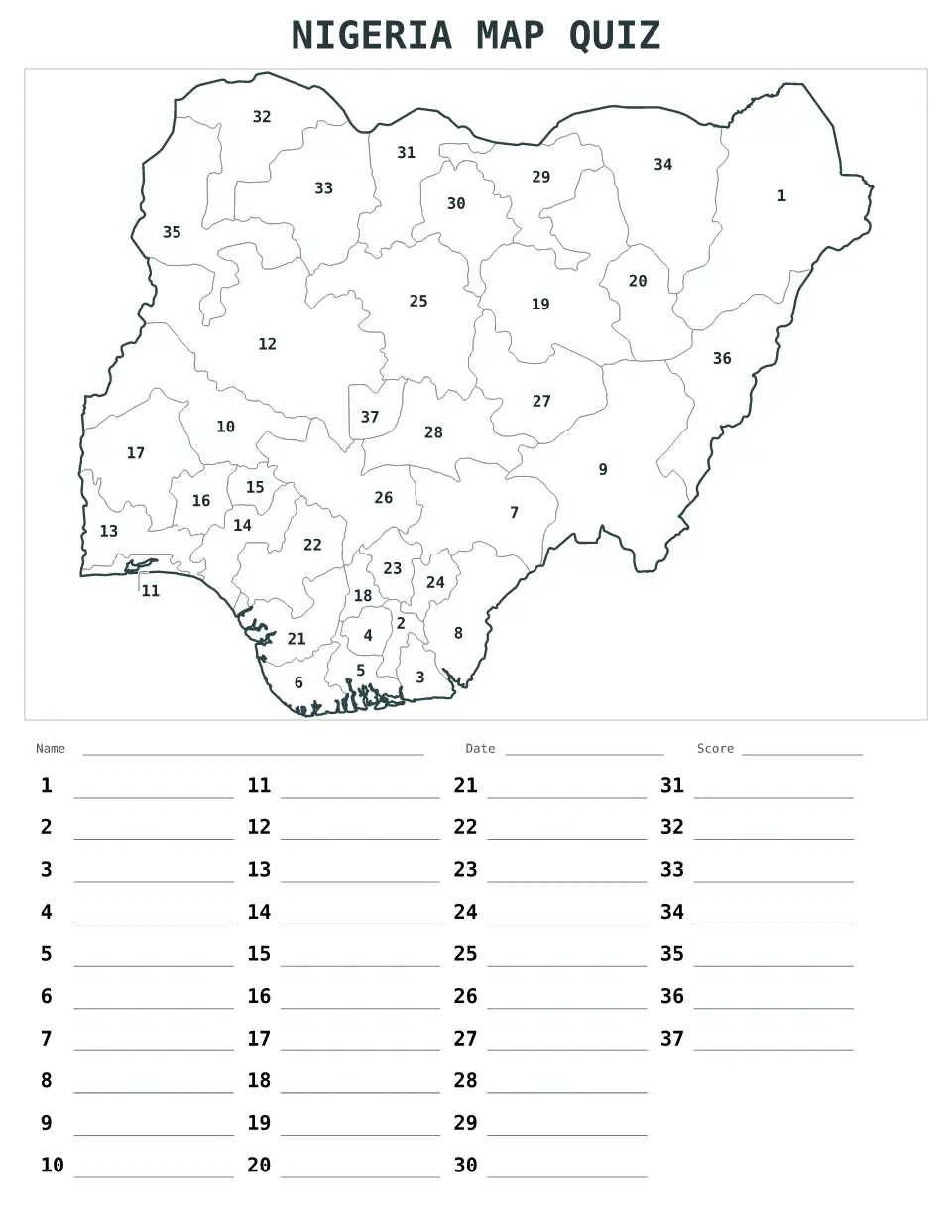 Vista previa del mapa Cuestionario numerado de Nigeria